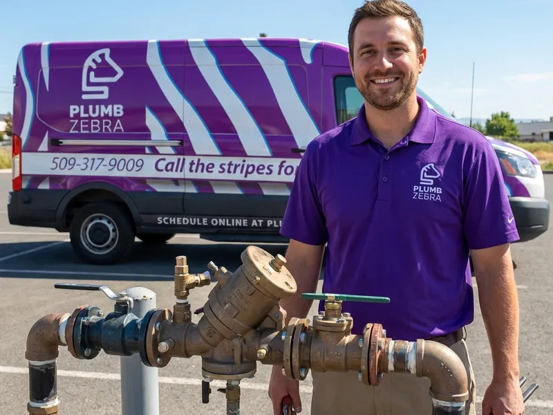 Professional plumber installing backflow prevention device for water safety compliance