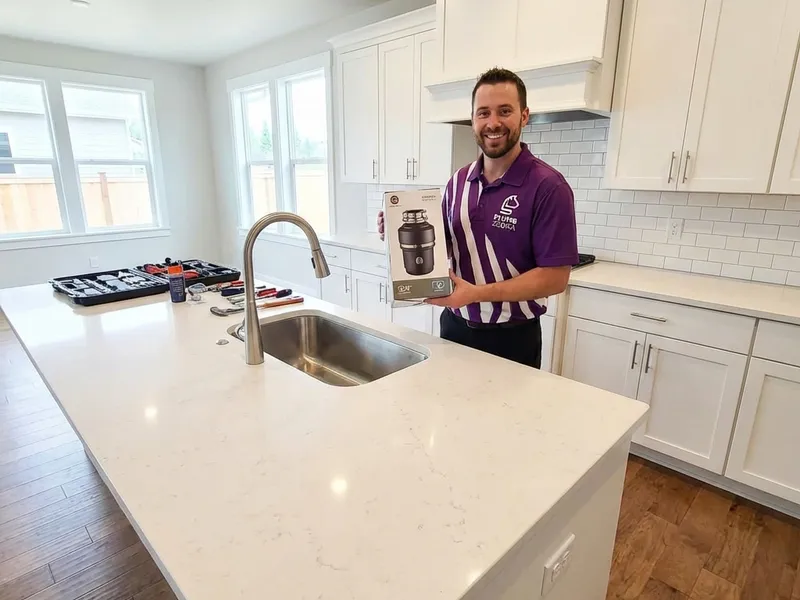 Professional plumber installing new garbage disposal unit under kitchen sink