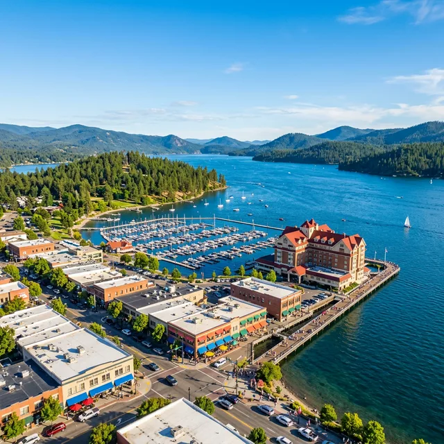 Coeur d'Alene, ID cityscape showing local landmarks